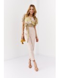 Short floral envelope blouse with a belt, beige and yellow 02041 - Online store - Boutique